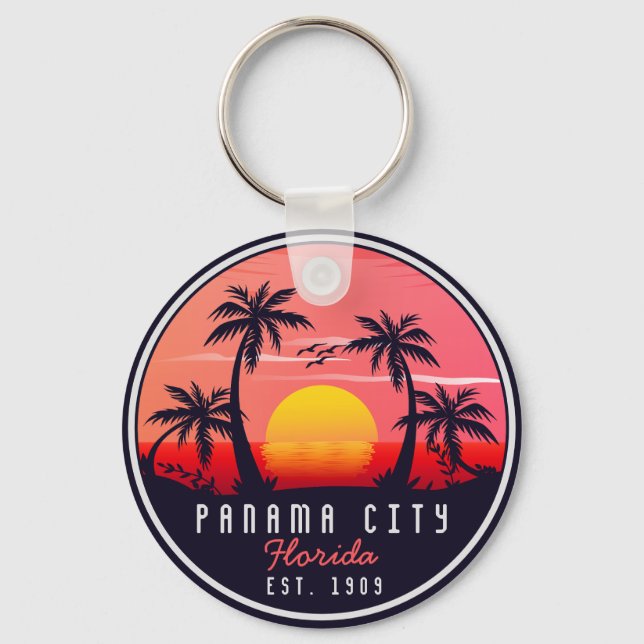 Panama City Beach Florida Retro Sunset Palm Tree Schlüsselanhänger (Vorderseite)