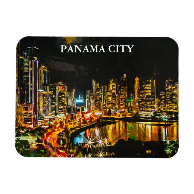 Panama City by Night Wassercolor Skyline Malerei Magnet (Horizontal)