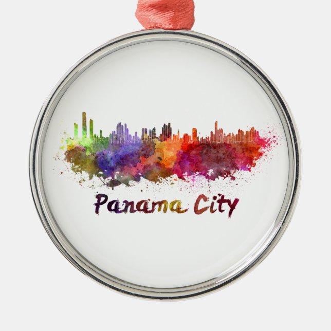 Panama City skyline im Watercolor Silbernes Ornament (Vorne)