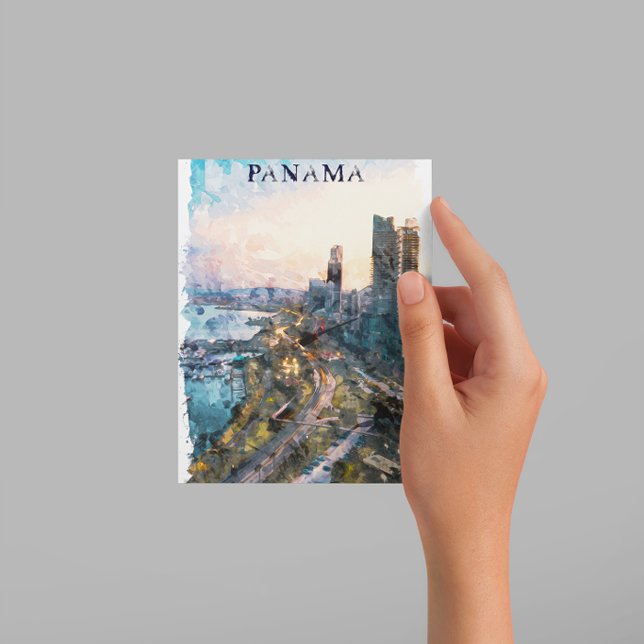 Panama City Watercolor Skyline Postkarte (panama city watercolor postca)