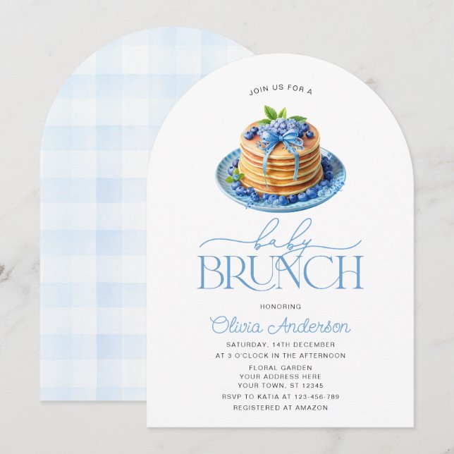 Pancake Baby Brunch Blueberry Babydusche Einladung (Vorne/Hinten)