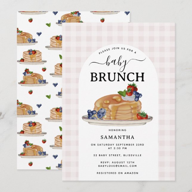 Pancakes Berries Brunch Pink Plaid Baby Shower Einladung (Vorne/Hinten)