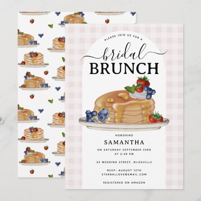 Pancakes Berries Brunch Pink Plaid Bridal Shower Einladung (Vorne/Hinten)