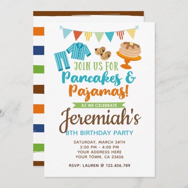 Pancakes et Pyjamas Boy Invitation Anniversaire (Devant / Derrière)