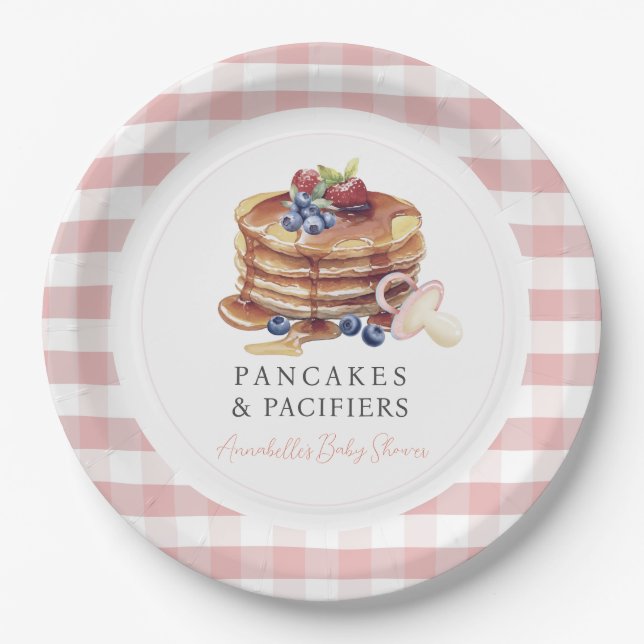 Pancakes & Pacifiers Rosa Gingham-Junge-Baby-Party Pappteller (Vorderseite)