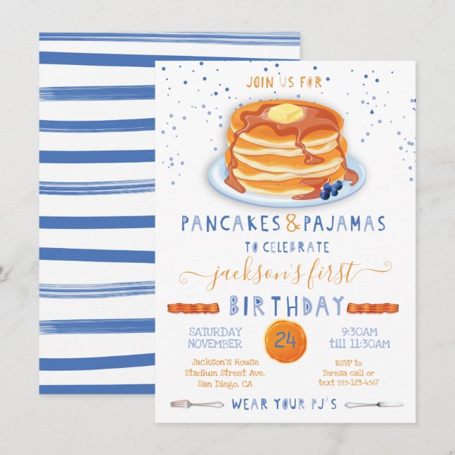 Pancakes & Pajamas Geburtstagsparty Einladung (Vorne/Hinten)