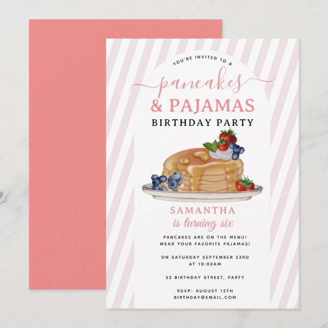 Pancakes Pajamas PJ's Girl Kids Birthday Party Einladung (Vorne/Hinten)