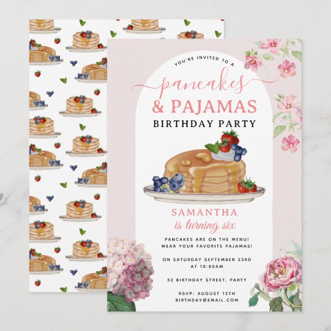Pancakes Pajamas PJ's Girl Kids Birthday Party Einladung (Vorne/Hinten)