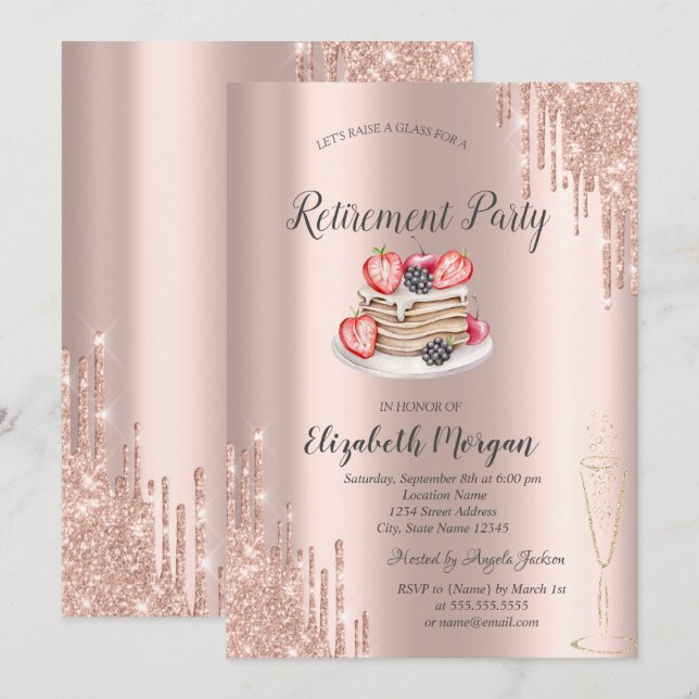 Pancakes Rose Gold Glitzer Tropfen Rente Einladung (Vorne/Hinten)