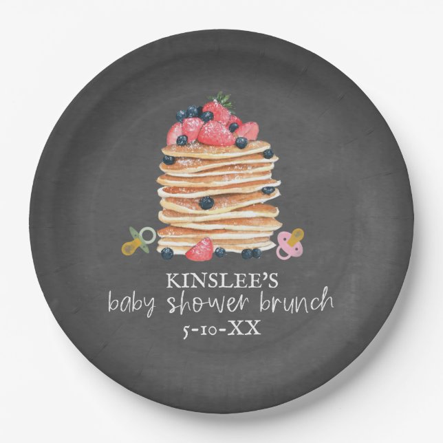 Pancakes & Schnullers Babydusche Brunch Chalkboard Pappteller (Vorderseite)