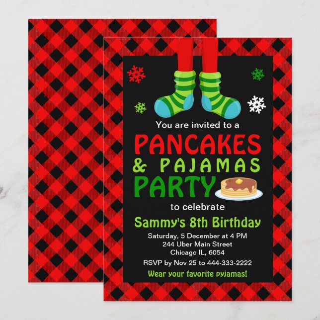 Pancakes und Pajamas Birthday Socks Red Kariert In Einladung (Vorne/Hinten)