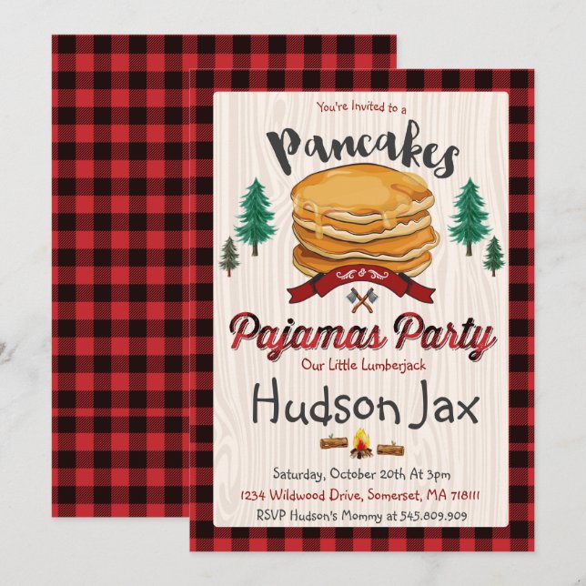 Pancakes und Pajamas Geburtstagseinladung Kariert Einladung (Vorne/Hinten)