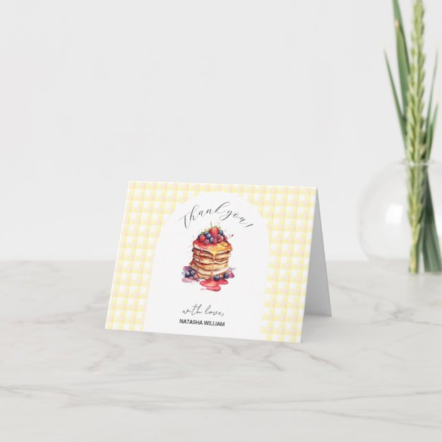Pancakes und Schnuller Gingham Kariert Baby Shower Dankeskarte (Vorderseite)