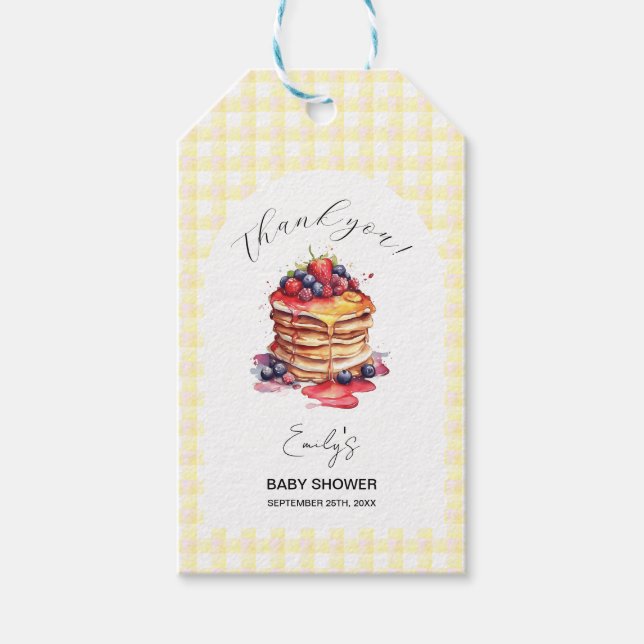Pancakes und Schnuller Gingham Kariert Baby Shower Geschenkanhänger (Vorderseite)
