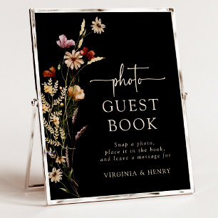Pancarte de livre d'or photo à fleurs noires pour