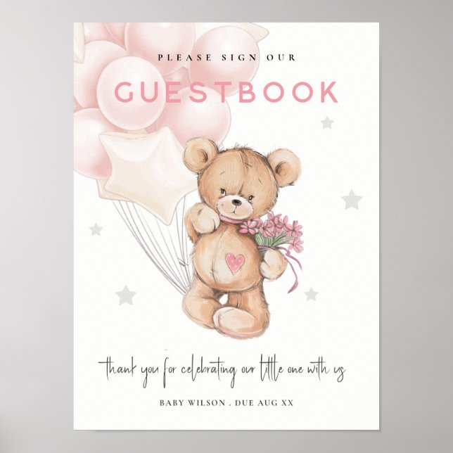 Pancarte livre d'or ballon ours rose Baby Shower (Devant)