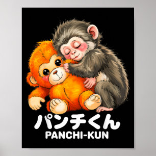 Panchi kun hält Plüschbaby Makaken-Affen Poster