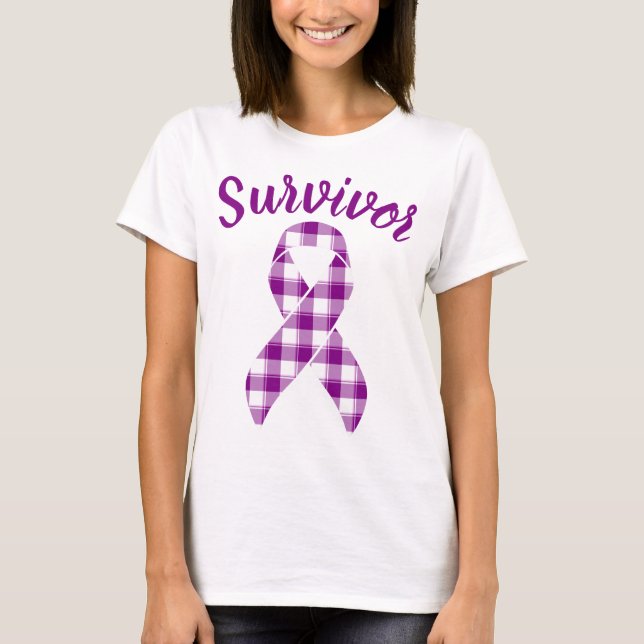 Pancreatic Cancer Survivor Plaid Purple Ribbon T-Shirt (Vorderseite)