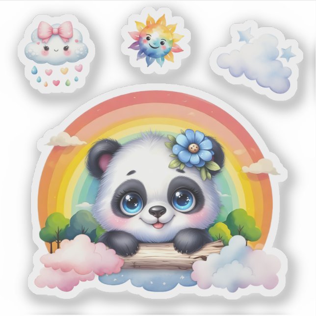 Panda adorable bébé dans les nuages. Sticker Panda (Devant)