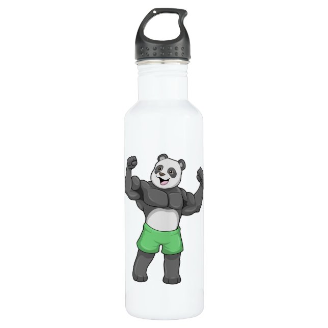 Panda als Bodybuilder an der Bodybuilding Edelstahlflasche (Vorderseite)