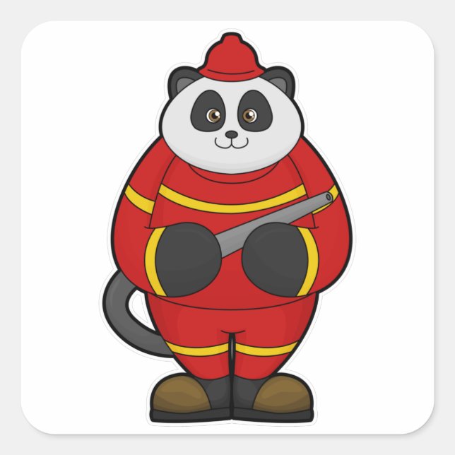 Panda als Feuerwehrmann mit Schlauch Quadratischer Aufkleber (Vorderseite)