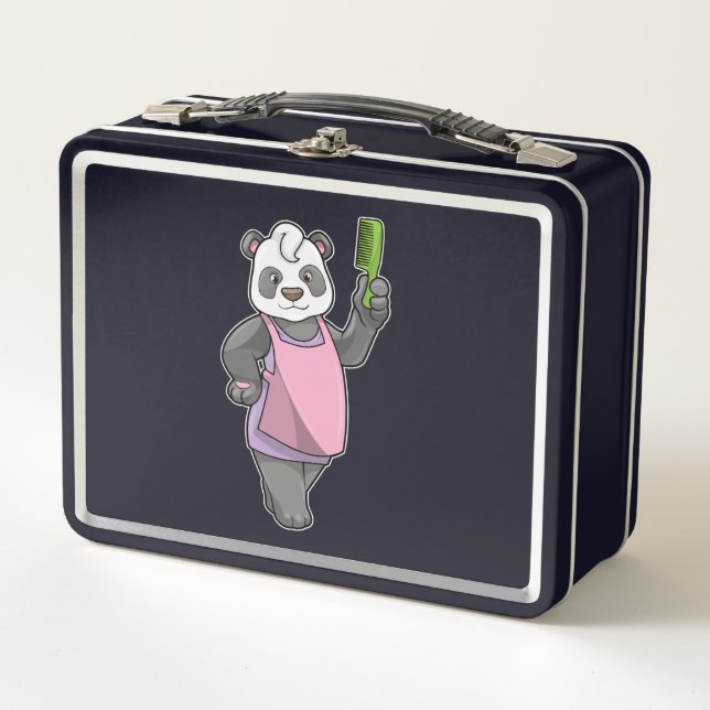 Panda als Friseur mit Kamm Metall Brotdose (Vorderseite)