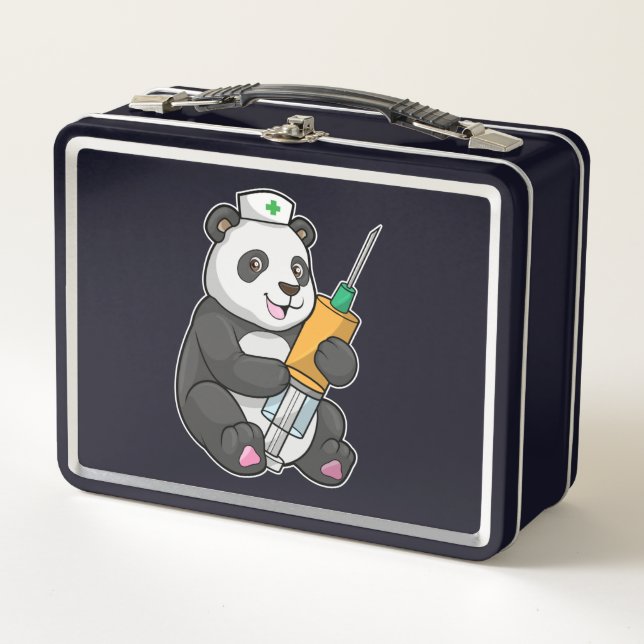Panda als Krankenschwester mit Spritze Metall Brotdose (Vorderseite)