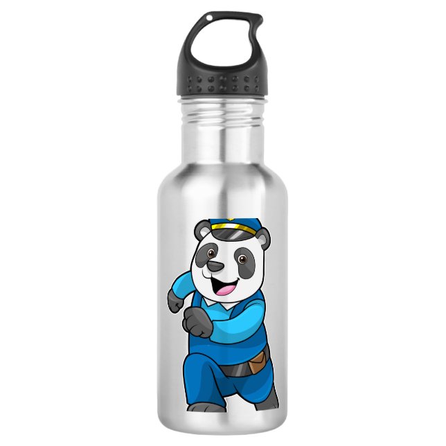 Panda als Polizeibeamter mit Polizeihelm Edelstahlflasche (Vorderseite)