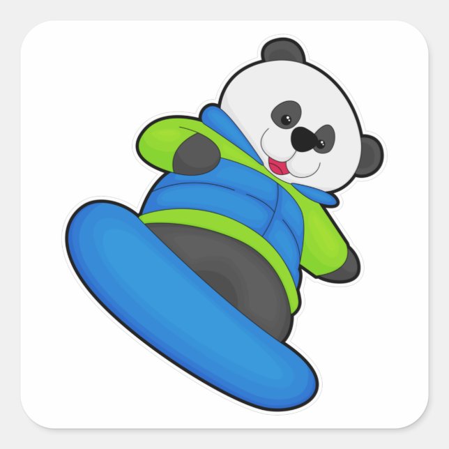 Panda als Snowboarder mit Snowboard Quadratischer Aufkleber (Vorderseite)
