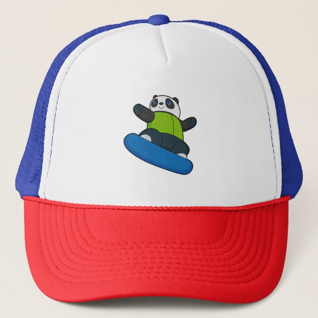 Panda als Snowboarder mit Snowboard Truckerkappe (Vorderseite)