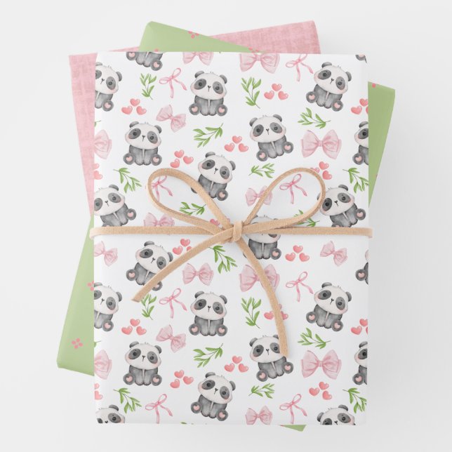 Panda and Bows Wrapping Paper Flat Sheet Set 3 Geschenkpapier Set (Beispiel)