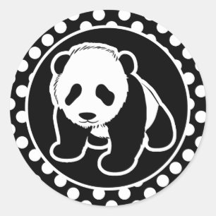 Panda auf Schwarzweiss-Tupfen Runder Aufkleber