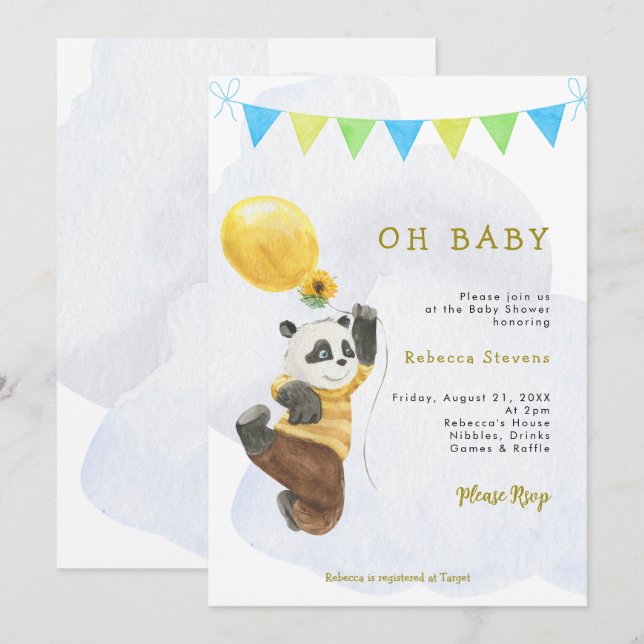 Panda Ballon Junge Babydusche Einladung (Vorne/Hinten)
