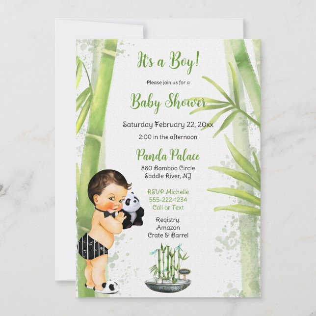 Panda Bamboo Theme Baby Boy Schwarz-weiß Green Einladung (Vorderseite)