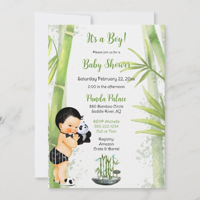 Panda Bamboo Theme Baby Boy Schwarz-weiß Green Einladung (Vorderseite)