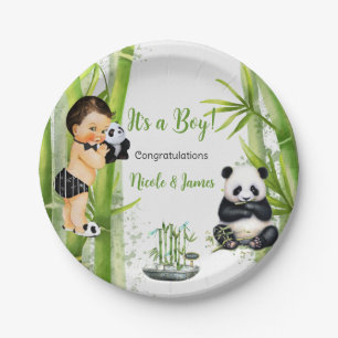 Panda Bamboo Theme Baby Boy Schwarz-weiß Green Pappteller