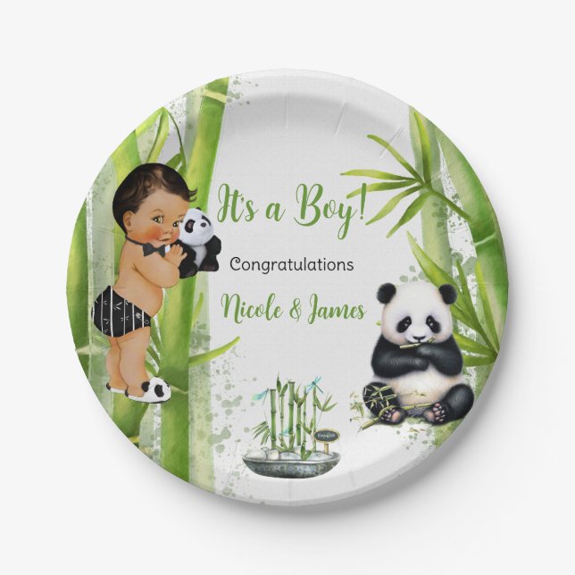 Panda Bamboo Theme Baby Boy Schwarz-weiß Green Pappteller (Vorderseite)