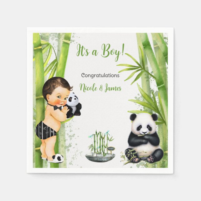Panda Bamboo Theme Baby Boy Schwarz-weiß Green Serviette (Vorderseite)