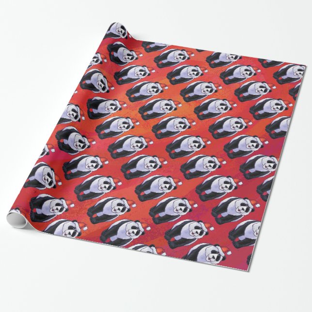 Panda-Bär in der Weihnachtsmannmütze auf Rot Geschenkpapier (Ungerollt)