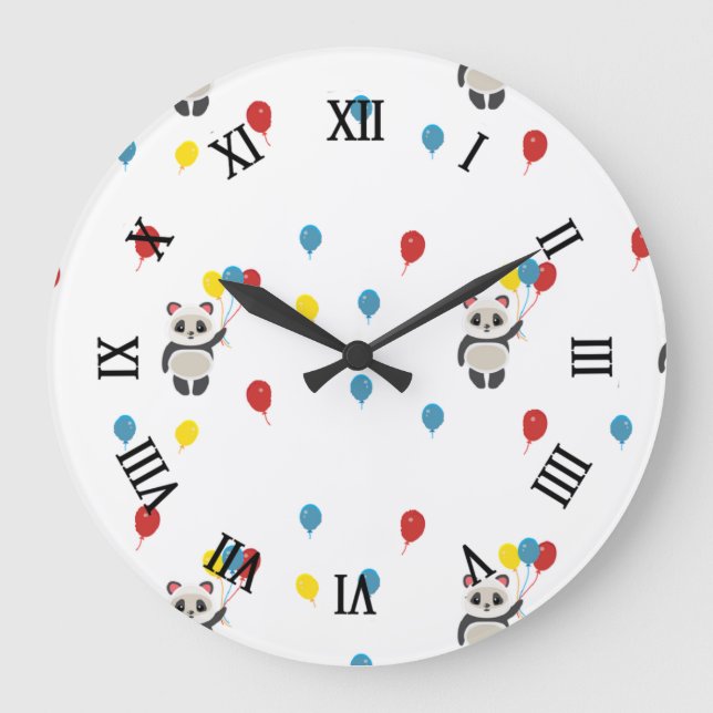 Panda Bär mit Luftballons weiß Große Wanduhr (Vorderseite)