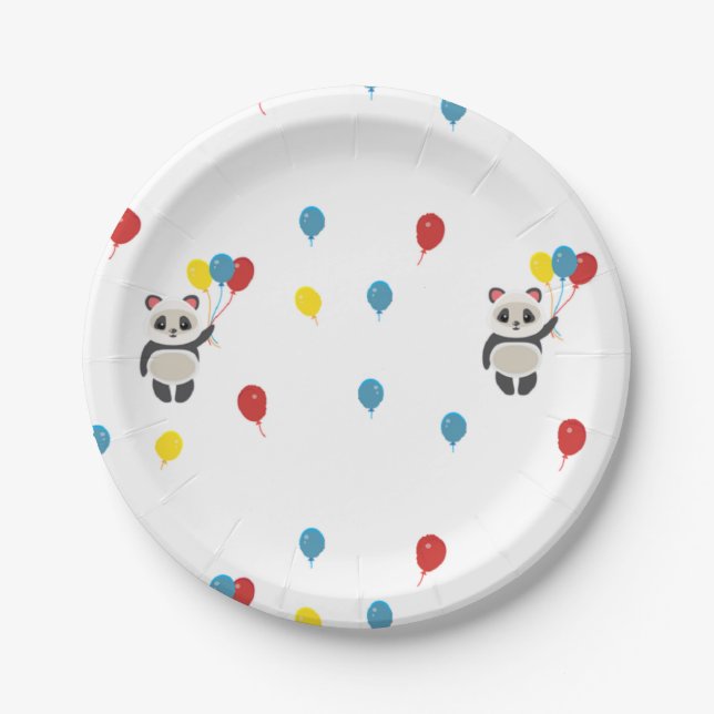 Panda Bär mit Luftballons weiß Pappteller (Vorderseite)