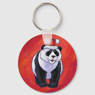 Panda Bär mit Weihnachtsmannmütze auf Rot Schlüsselanhänger