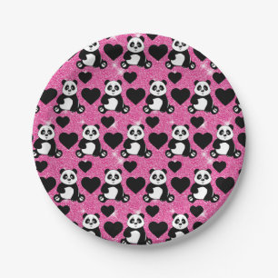 Panda Bär Tierliebhaber Schwarze Herzen Rosa Glitt Pappteller