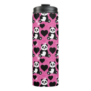 Panda Bär Tierliebhaber Schwarze Herzen Rosa Glitt Thermosbecher
