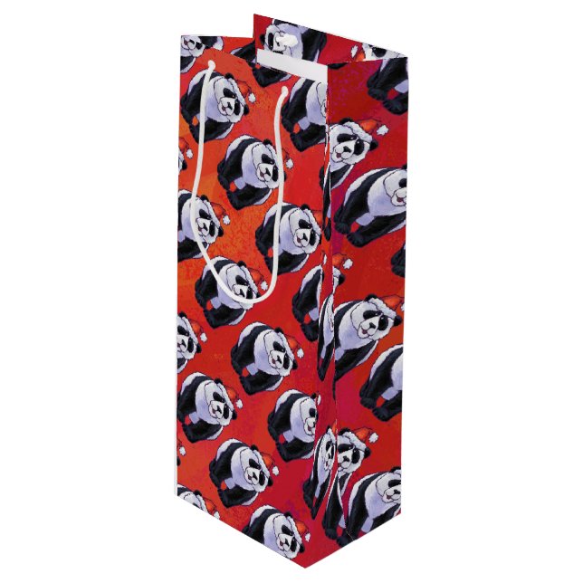 Panda Bären Weihnachten auf Rot Geschenktüte Für Weinflaschen (Vorderseite Schrägansicht)