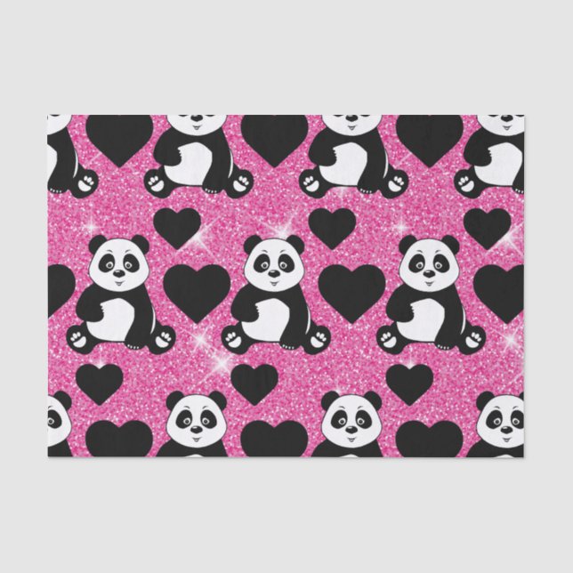 Panda Bear Animal Lover Black Hearts Pink Glitzer Seidenpapier (Vorderseite)