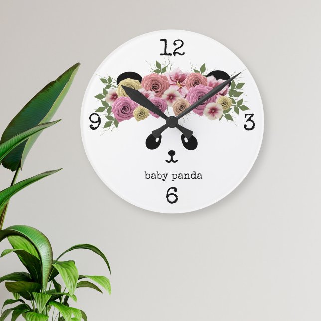 Panda Bear Girl Floral Crown Personalisiert Große Wanduhr (Pretty Panda Wall Clock with space for your name)