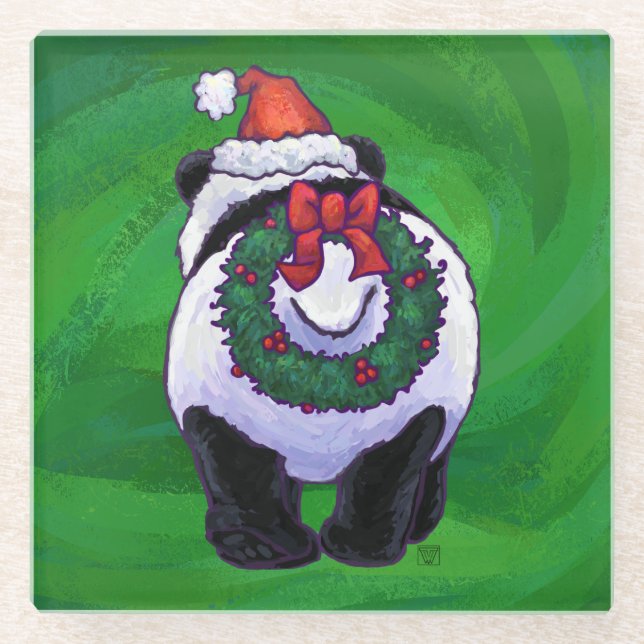 Panda Bear in Weihnachtsmannmütze auf Green Glasuntersetzer (Vorderseite)