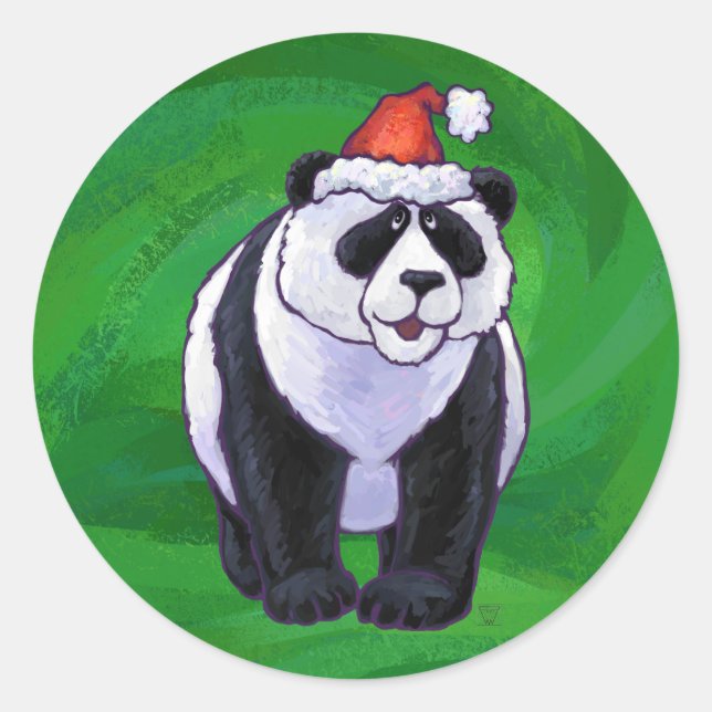 Panda Bear in Weihnachtsmannmütze auf Green Runder Aufkleber (Vorderseite)