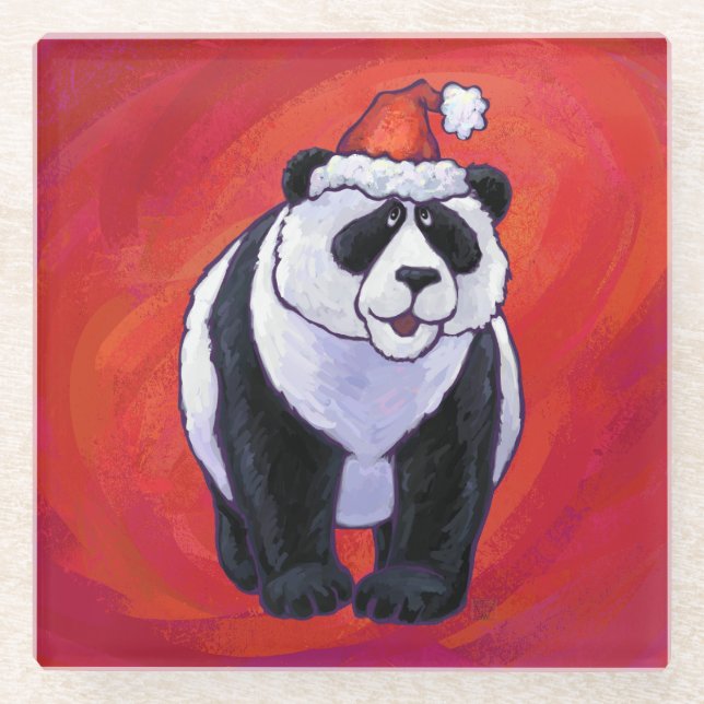 Panda Bear in Weihnachtsmannmütze auf Rot Glasuntersetzer (Vorderseite)